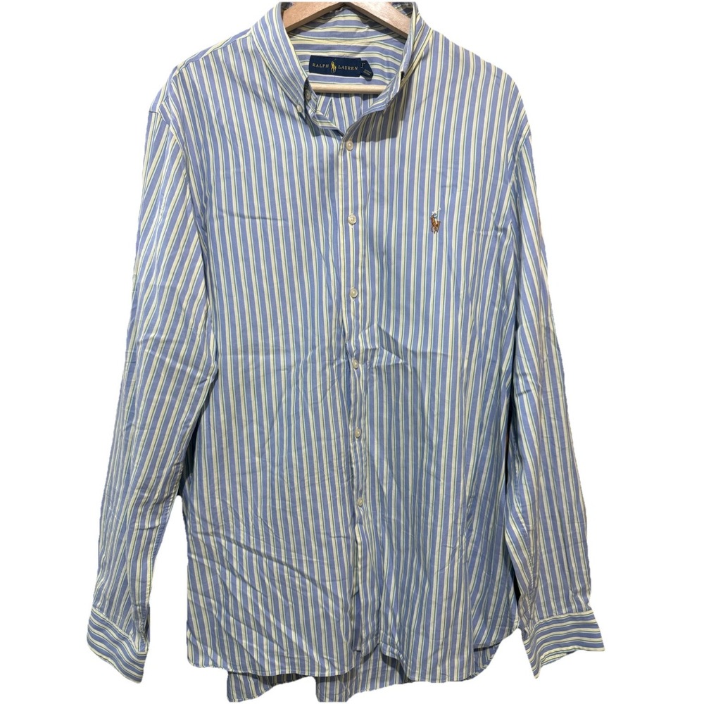 Polo Ralph Lauren Shirt Blue Yellow Striped  Button Down Embroidered Pony‎ 17.5